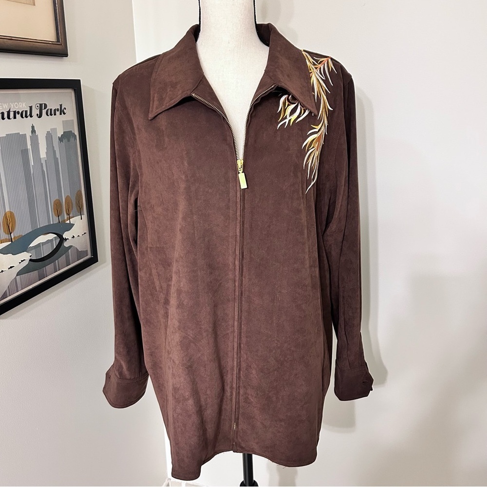 Bob Mackie Wearable Art Brown Ultrasuede Phoenix Embroidered Jacket Plus Size 1X - Picture 3 of 8